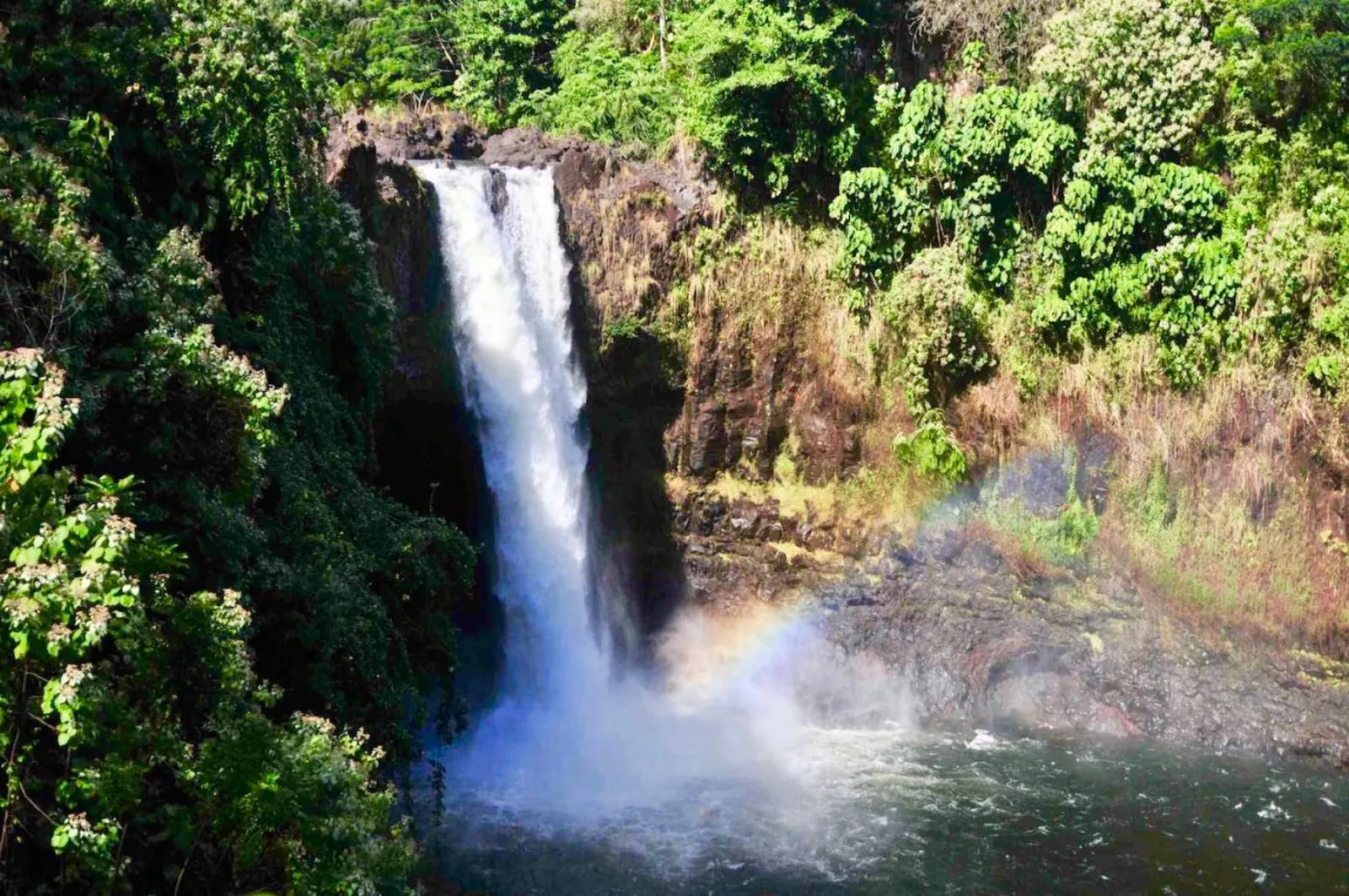 Waterfall plunging into a river pool with a rainbow in its spray