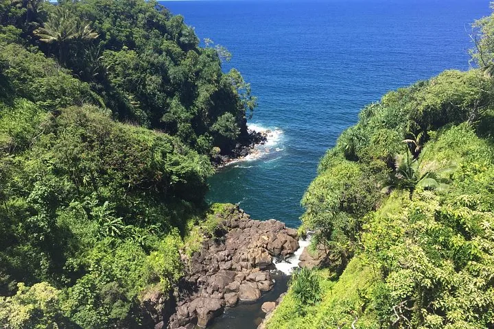 Rocky stream mouth meeting deep blue ocean between jungle-covered slopes